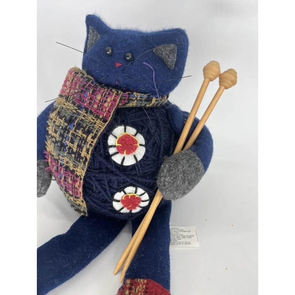 Charming Group Blue Felt Knitting Cat Figurine with Wooden Needles 15 Inch